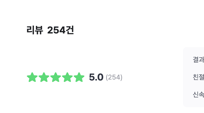 크몽 리뷰 254건과 평점 5.0 화면